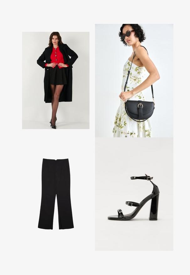 Schwarzer langer Mantel über einem roten Knopf-Oberschmeider, kombiniert mit einem schwarzen Rock und transparenter schwarzer Strumpfhose. Schwarze High Heels vervollständigen das Outfit.; Schwarzes Tanktop aus Baumwolle mit rundem Halsausschnitt und weiten Armöffnungen. Glatte Textur mit genähten Säumen. Klassisches, minimalistisches Design.; Schwarze Hose mit geradem Schnitt, ausgestattet mit Fronttaschen und Seitenschlitzen am Saum. Hergestellt aus weichem, glattem Stoff. Geeignet für verschiedene Anlässe.; Schwarze patentierte Sandalen mit Absatz, quadratischer Spitze, Knöchelriemen und silbernen Schnallen. Mit einem stabilen Blockabsatz für mehr Stabilität.; Schwarze Lederhandtasche mit geschwungener Form, abnehmbarem Tragegurt und goldenen Beschlägen. Die Tasche verfügt über einen Deckel mit einer Schnallen-Details.