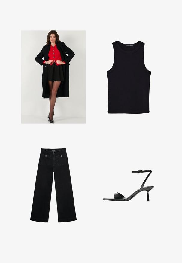 Crni dugi kaput preko crvene košulje na dugme, uparen s crnom suknjom i prozirnim crnim čarapama. Crne štikle završavaju odjevnu kombinaciju.; Crni top bez rukava od pamuka, s okruglim izrezom i širokim izrezima za ruke. Glatka tekstura s ušivenim rubovima. Klasičan, minimalistički dizajn.; Crne široke traperice s visokim strukom, koje imaju dva prednja džepa i metalne gumbe kao ukrase. Tkanina ima glatku teksturu.; Bershka Sandale s visokom petom - black