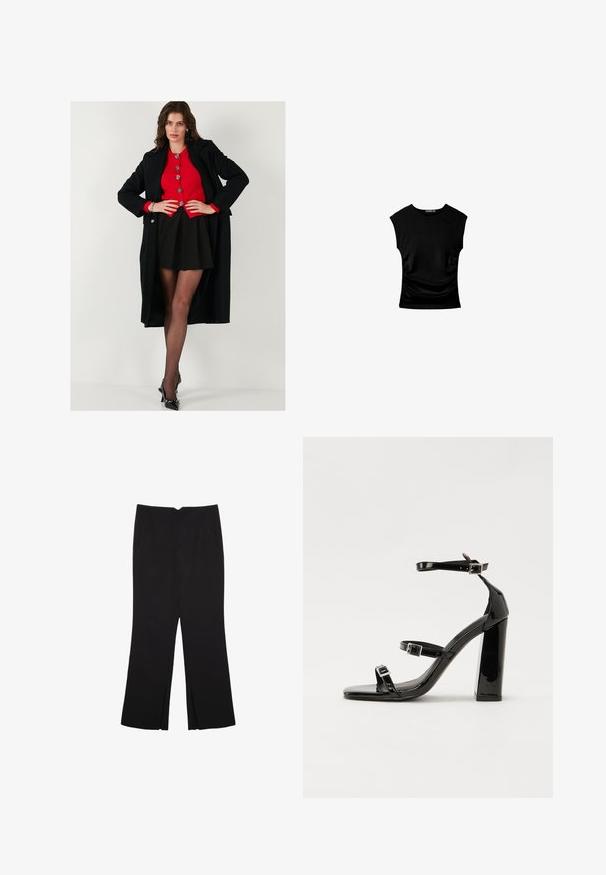 Cappotto lungo nero sopra un maglione rosso con bottoni, abbinato a una gonna nera e collant neri trasparenti. Scarpe con tacco alto nere completano l'outfit.; Top corto nero a maniche corte con una silhouette aderente, caratterizzato da dettagli arricciati ai lati e un tessuto liscio e elasticizzato per il comfort.; Pantaloni neri a gamba dritta, con tasche frontali e spacchi laterali all'orlo. Realizzati in tessuto morbido e liscio. Adatti a diverse occasioni.; Sandali con tacco in vernice nera, con punta squadrata, cinturini alla caviglia e fibbie in argento. Presentano un tacco a blocco spesso per maggiore stabilità.