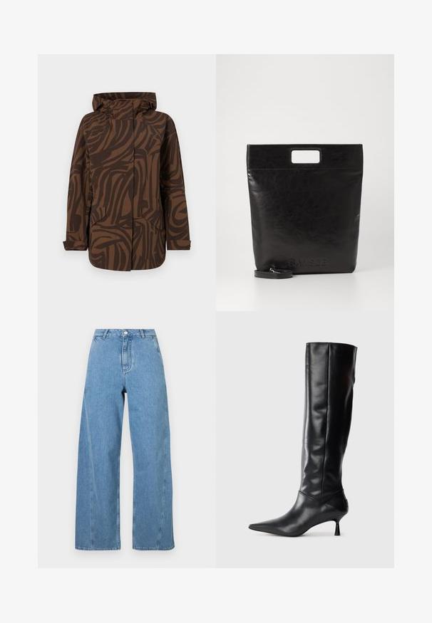 Hnedá vzorovaná bunda s kapucňou, so abstraktnými tmavohnedými pruhmi, dvoma prednými vreckami a uvoľneným strihom.; Biela košeľa s dlhým rukávom vyrobená z hladkej bavlnenej zmesi. Má klasický golier, predné zapínanie na gombíky a zaoblené manžety.; Svetlobléde široké džíny vyrobené z denimu, s vysokým pásom, rovný strih a kontrastným šitím pozdĺž švov.; Čierna kožená vysoká čižma po kolená s špicatou špičkou a štíhlym zakriveným opätkom. Hladká textúra, priliehajúci dizajn a žiadne viditeľné kovanie alebo vzory.; Čierna kožená taška cez rameno so štvorcovou rukoväťou, ktorá má textúrovaný povrch a embosované logo. Obsahuje odnímateľný popruh.