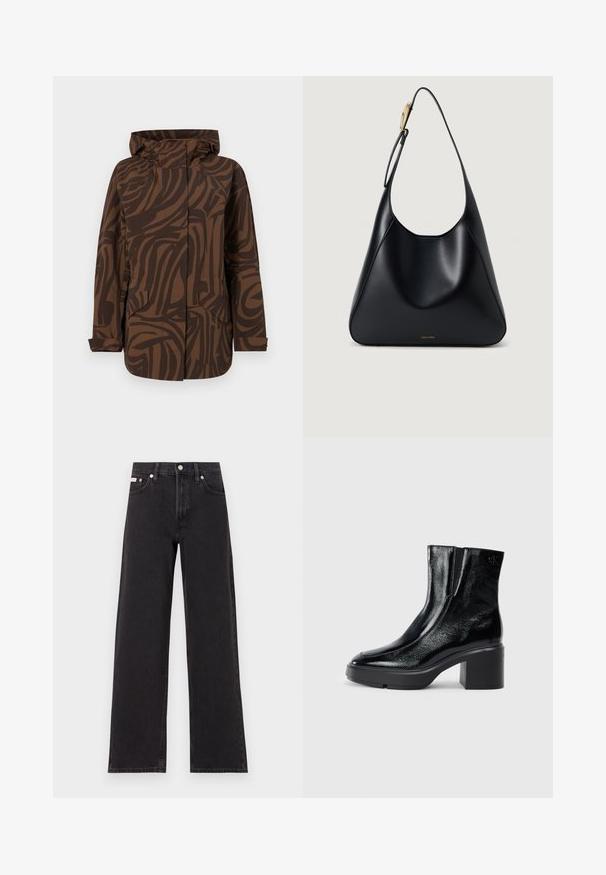 Brązowa kurtka w wzory z kapturem, z abstrakcyjnymi ciemnoskrętnymi paskami, dwoma przednimi kieszeniami i luźnym krojem.; Biała bawełniana koszulka z krótkim rękawem, okrągłym dekoltem i luźnym krojem. Gładka tekstura, brak wzorów lub dodatków, minimalistyczny design.; Czarne dżinsy o szerokich nogawkach, wykonane z denimu, z wysokim stanem, pięcioma kieszeniami oraz metalowym zapięciem z kontrastowym szwem.; Czarne lakierowane botki za kostkę z zaokrąglonym noskiem, elastycznymi panelami bocznymi i masywnym obcasem blokowym. Posiadają wytłoczone logo z tyłu.; Czarna skórzana torebka na ramię o gładkiej teksturze, zaokrąglonym kształcie i złotych akcentach. Posiada wytłoczone logo marki na dole.