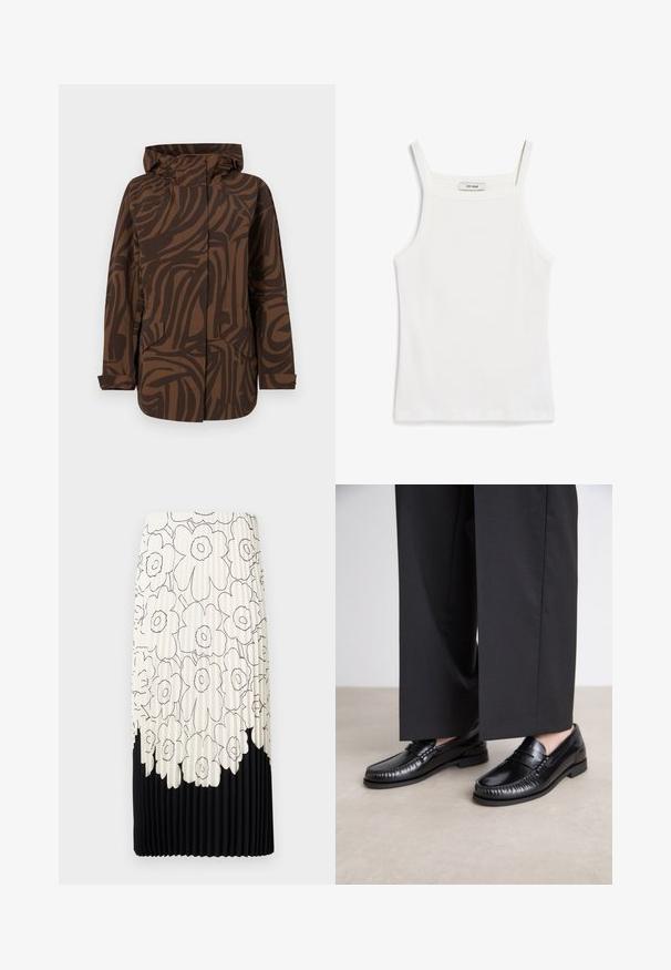 Jachetă brown cu un model, dotată cu glugă, având dungi abstracte de culoare brown închis, două buzunare frontale și un croi lejer.; Top alb din bumbac cu bretele subțiri, realizat dintr-o țesătură răcoroasă cu nervuri, având un decolteu drept și un finisaj curat la tiv.; Fustă plisată cu un model floral alb-negru, având partea superioară deschisă cu flori și tivul de jos solid negru.; Mocasini din piele neagră cu un finisaj neted, cu detalii cusute în jurul vârfului și o talpă joasă din cauciuc. Asortați cu pantaloni largi negri.