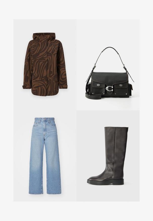 Jachetă brown cu un model, dotată cu glugă, având dungi abstracte de culoare brown închis, două buzunare frontale și un croi lejer.; Tricou din bumbac negru cu guler rotund, mâneci scurte și logo-ul brodat în albastru "Calvin Klein JEANS" pe față.; Jeans cu talie înaltă, de culoare albastru deschis, cu croială largă, dotate cu nasture și fermoar la față, buzunare în față și spate, pe un fundal alb.; Botină din piele neagră, până la genunchi, cu talpă groasă și logo subtil Calvin Klein aproape de marginea superioară, prezentată din lateral.; Geantă de piele neagră cu închidere prin clapetă, accesorii din argint, două buzunare frontale, cusături în contrast și un curea de umăr detașabilă.