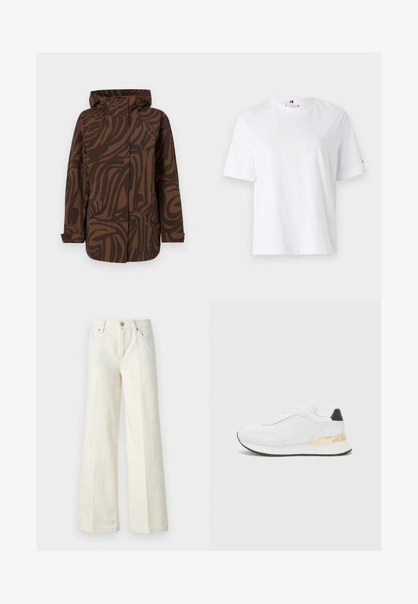 Pruun kahvanäidisega jakk, millel on kapuuts, tumepruunid abstraktsed triibud, kaks eesmist taskut ja lõdva istuvuse disain.; Valge puuvillane T-särk ümarate kaelaaukude, lühikeste varrukate ja peene kollase logoga, millel on tekst "HILFIGER NEW YORK 1985". Tavaline lõige.; Laiad valged teksad, mis on valmistatud puuvilla segust. Omavad lukuga eesmist sulgemist, viie taskuga disaini ning õmblusi pükste saemetes.; Valged sneakers sileda viimistlusega, millel on must kanna aktsent ja kuldne metalldetail keskosa peal. Traatidega disain, kummist talla.