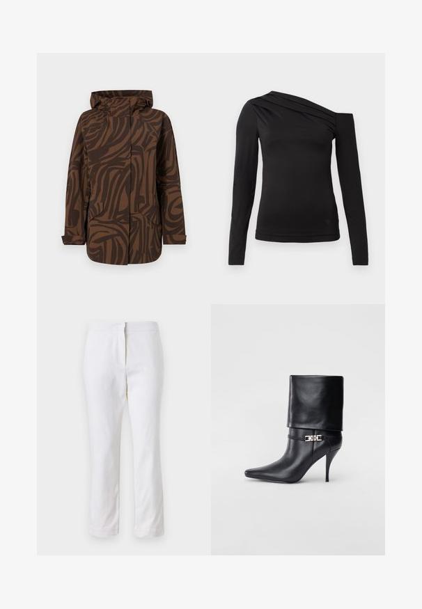 Smešano smeđa jakna s kapuljačom, koja ima apstraktne tamnosmeđe pruge, dva prednja džepa i opušteni kroj.; Crni dugi rukav vrh s asimetričnom izrezom, s jednim ramenom otkrivenim i nježnim drapiranjem preko grudnog dijela.; Bijele pamučne hlače ravnog kroja, sa strukom srednje visine i bez vidljivih metalnih dijelova ili uzoraka. Glatka tekstura kroz cijelu dužinu.; Crna kožna gležnjača s šiljastim prstom, visokim stiletto potplatom, preklopnim rubom i zlatnom dekorativnom kopčom na gležnju.