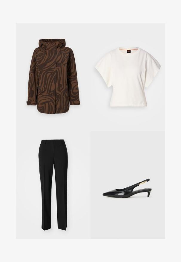 Pruun kahvanäidisega jakk, millel on kapuuts, tumepruunid abstraktsed triibud, kaks eesmist taskut ja lõdva istuvuse disain.; Valge lühikeste laiadte varrukatega lühike T-särk, pehme puuvillane materjal, ümar kaelus kergelt oranži ääristusega, minimaalne disain, ilma mustrite ja graafikateta.; Mustad ja sirged püksid, millel on sile tekstuur ja teravad voldid esiosas. Ilma nähtavate detailideta.; Mustad nahast slingback kontsad terava ninaga, millel on õhuke konts ja kuldse tooni aktsent reguleeritaval rihmal. Sile tekstuur.