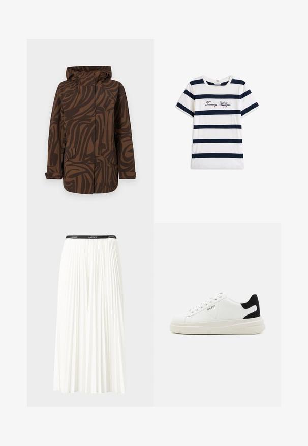 Brown patterned jacket with a hood, featuring abstract dark brown stripes, two front pockets, and a relaxed fit design.; Cotton T-shirt with horizontal navy stripes on a white background. "Tommy Hilfiger" embroidered in cursive on the chest. Crew neckline.; Pleated white skirt with a black elastic waistband featuring the "LACOSTE" logo. Mid-length design with soft texture.; White leather sneakers with a thick white sole, black suede heel accent, and embossed logo on the side. Laced design with six eyelets.