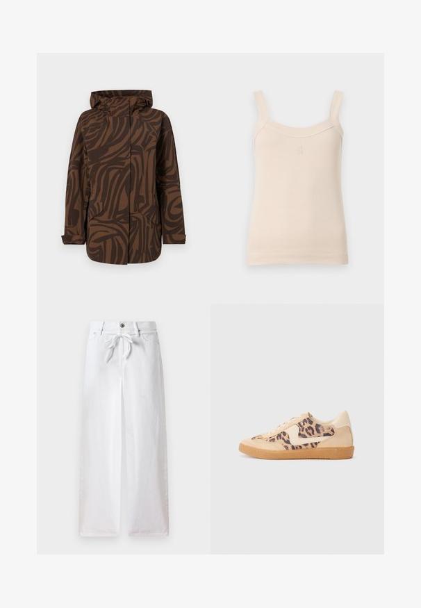 Brown patterned jacket with a hood, featuring abstract dark brown stripes, two front pockets, and a relaxed fit design.; Beige ribbed tank top with thin straps and a rounded neckline. Features a stitched logo on the front. Smooth texture, fitted design.; White wide-leg pants made of cotton. Features a drawstring tie at the waist and a button closure. Smooth texture with a minimalist design.; Leopard print sneakers with beige suede upper, tan rubber sole, and white accents. Round toe and lace-up design with a textured finish.