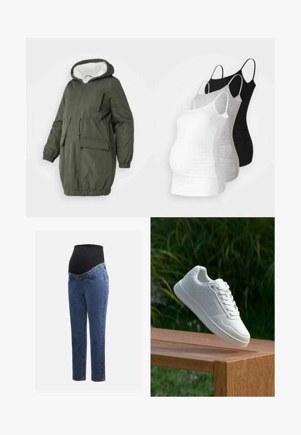 Olivengrønn parkas med foret hette, hel glidelås, elastiske mansjetter og flere lommer. Laget av glatt, vannavstøtende stoff.; Tre ammetoppe til gravide i hvit, grå og svart. Elastisk stoff med justerbare spaghetti-stropper og samlede sidesømmer for komfort.; Graviditetsjeans med ben i blå denim og et svart elastisk magepanel designet for å støtte og dekke en voksende buk.; Hvite sneakers med en glatt syntetisk overdel, perforert tåboks, flate snørebånd og en teksturert såle, vist på en treflate.