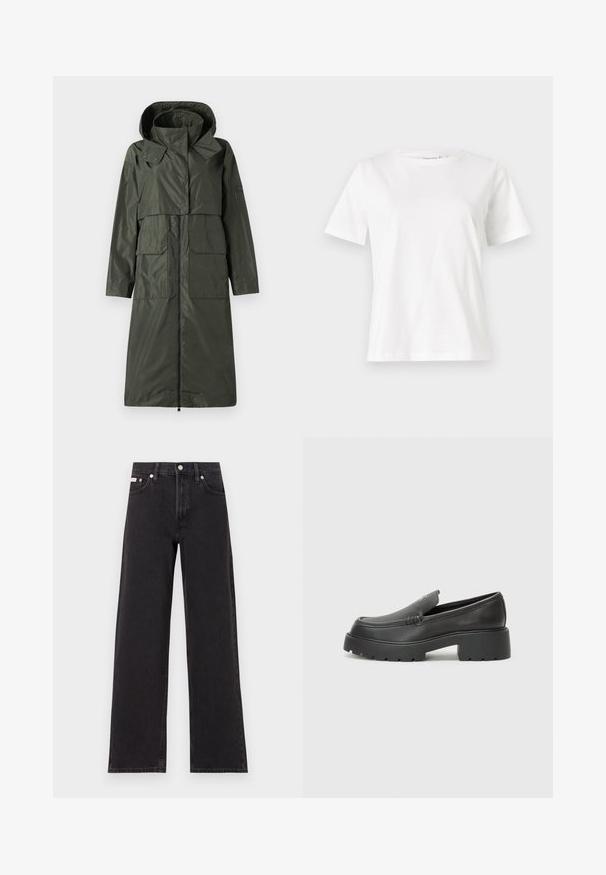 Sötétzöld, vízálló kabát, kapucnival, cipzáras záródással, két nagy elülső zsebbel és laza szabással. Simás textúra és közép hosszúságú kialakítás.; Fehér pamut póló rövid ujjakkal, kerek nyakkivágással és laza szabással. Sima textúra, nincsenek minták vagy díszítések, minimalista dizájn.; Fekete, bőszárú farmernadrág, magas derekú, öt zsebes kialakítással és fém gombos záródással, kontrasztos varrással.; Fekete bőr loafer cipők kerek orral, vastag, texturált talppal és minimális varrási részletekkel. Áramvonalas dizájn, látható fűzők vagy fém részek nélkül.