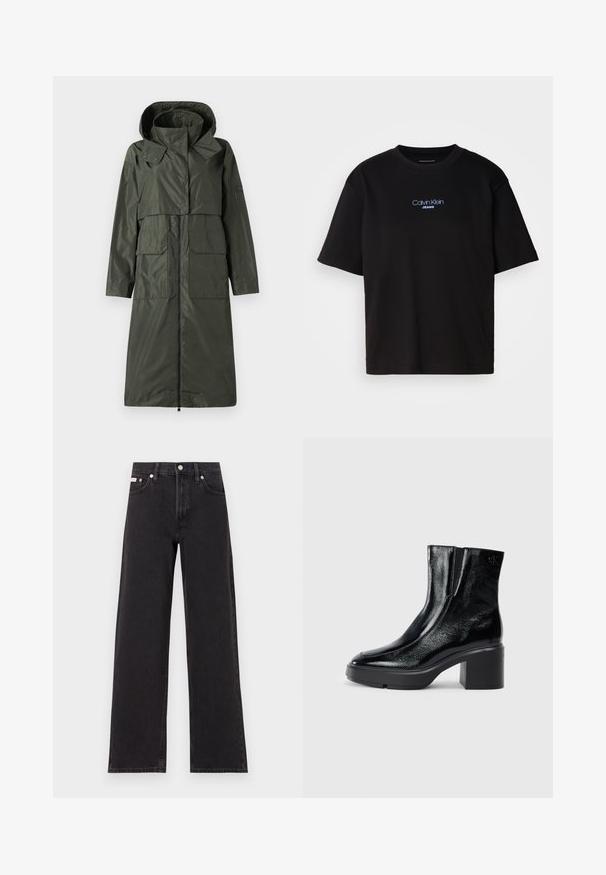 Tmavě zelený, voděodolný kabát s kapucí, zapínáním na zip, dvěma velkými předními kapsami a volným střihem. Hladká textura a středně dlouhý design.; Černé bavlněné tričko s kulatým výstřihem a krátkými rukávy, s modrou vyšitou nášivkou "Calvin Klein JEANS" na přední straně.; Černé široké jeansy vyrobené z denimu, s vysokým pasem, pěti kapsami a kovovým zapínáním s kontrastním prošíváním.; Černé lakované kotníkové boty s zakřivenou špičkou, elastickými bočními panely a robustním blokovým podpatkem. Na zadní straně se nachází embosované logo.