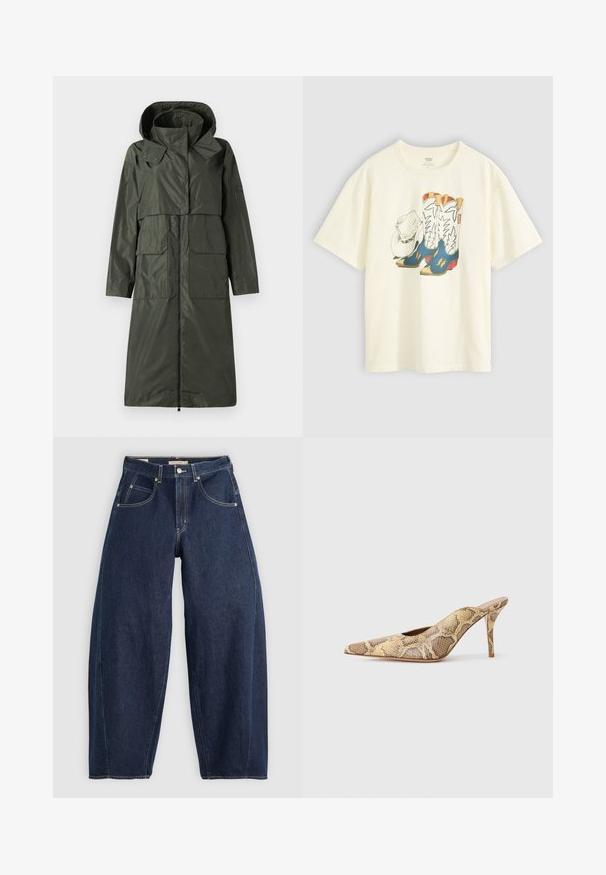 Dark green, waterproof coat with a hood, zip closure, two large front pockets, and a relaxed fit. Smooth texture and mid-length design.; White cotton t-shirt featuring a graphic of cowboy boots and a hat. The boots are blue with yellow accents and white detailing.; Dark blue denim jeans with a loose fit, light stitching, five pockets, and a button closure at the waistband.; Pointed-toe slingback heels in a textured snake-print pattern with beige and brown tones; features a stiletto heel and cut-out sides.