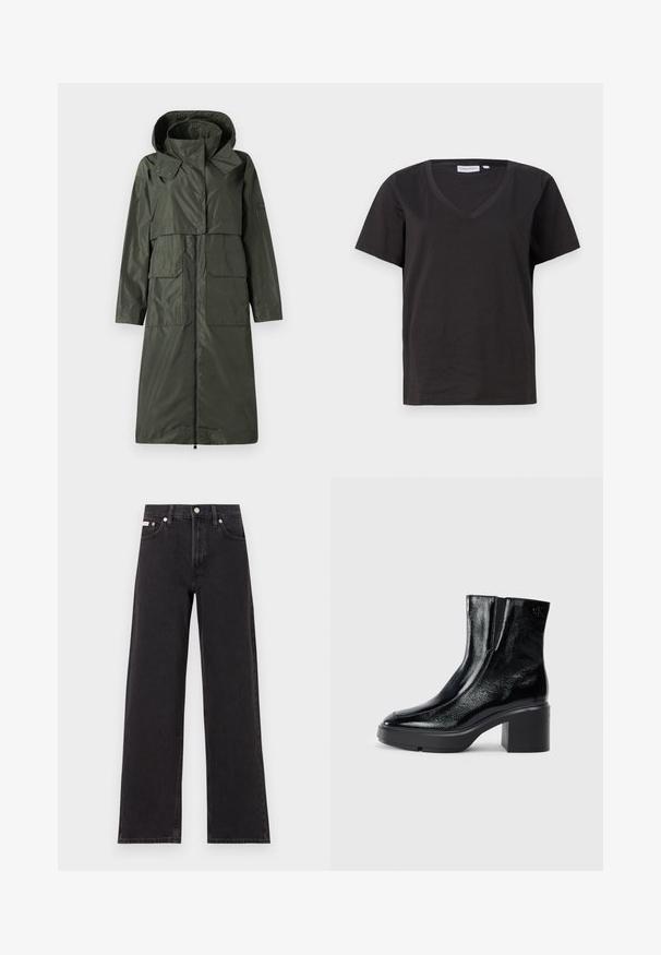 Tmavě zelený, voděodolný kabát s kapucí, zapínáním na zip, dvěma velkými předními kapsami a volným střihem. Hladká textura a středně dlouhý design.; Černé bavlněné tričko s výstřihem do V a krátkým rukávem. Jednoduchý design s klasickým střihem bez vzorů nebo akcentů.; Černé široké jeansy vyrobené z denimu, s vysokým pasem, pěti kapsami a kovovým zapínáním s kontrastním prošíváním.; Černé lakované kotníkové boty s zakřivenou špičkou, elastickými bočními panely a robustním blokovým podpatkem. Na zadní straně se nachází embosované logo.