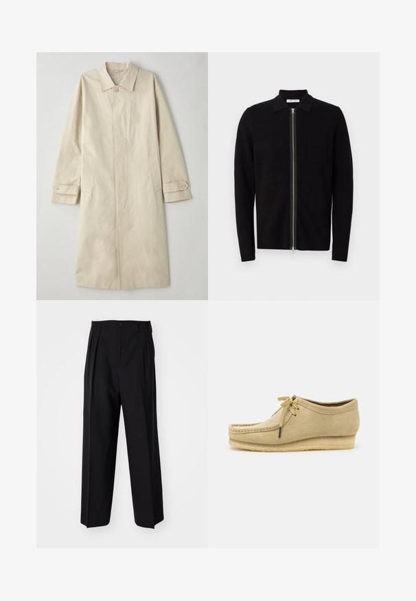 Beige, knee-length coat made of cotton-blend fabric. Features a notched collar, front button closure, and side pockets with flap detail.; Black zip-up sweater with a collar and a chest pocket. Made from soft, textured fabric. Features a full-length zipper and long sleeves.; White short-sleeve t-shirt in cotton fabric with a round neckline. Simple design with no patterns or accents. Smooth texture.; Black pleated trousers with a straight, wide-leg design. Made from smooth fabric, featuring a button closure and belt loops.; Beige suede shoe with a lace-up design, stitched detailing, and a rubber sole. The shape is casual with a slight wedge heel.