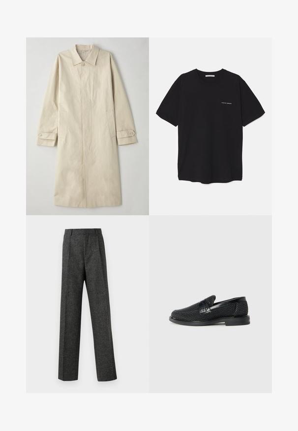 Beige, knielanger Mantel aus einer Baumwollmischung. Verfügt über einen Reverskragen, eine Frontknopfleiste und seitliche Taschen mit Klappen.; Schwarzes Baumwoll-T-Shirt mit Rundhalsausschnitt, kurzen Ärmeln und weißem Logodruck auf der linken Brust. Einfaches, einfarbiges Design.; Graue maßgeschneiderte Hose aus strukturiertem Stoff, mit zwei vorderen Falten und geradem Bein. Keine sichtbaren Taschen oder Verzierungen.; Schwarzer geflochtener Slipper mit einem glatten Lederakzent im Obermaterial, einem runden Zehendesign und einer flachen Gummisohle.