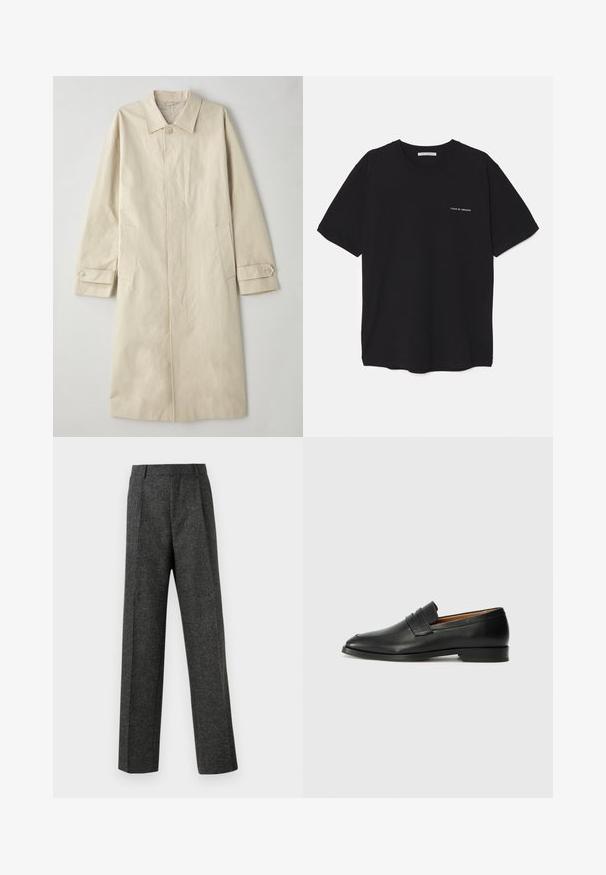 Bež plašč do kolen, izdelan iz bombažne mešanice. Ima ovratnik z rezi, sprednje zapiranje z gumbi in stranske žepe s podrobnostmi na pokrovu.; Črna bombažna majica s kratkimi rokavi in okroglim ovratnikom, z belim logotipom natisnjenim na levi prsni strani. Preprost, enobarven dizajn.; Sive krojene hlače iz teksturirane tkanine, ki imajo dva sprednja nabora in ravno kroj. Brez vidnih žepov ali okrasnih elementov.; Črne usnjene loferice z zaobljenim prstom, subtilnim šivanjem in nizkim petam, ki se odlikujejo po gladki teksturi in minimalističnem oblikovanju.