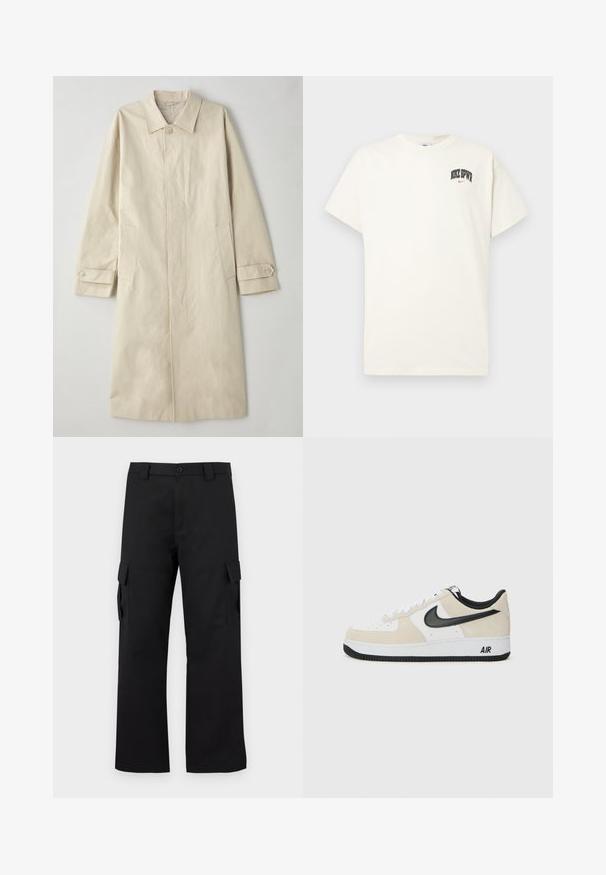Manteau beige mi-long en tissu mélangé en coton. Il dispose d'un col à revers, d'une fermeture à bouton à l'avant et de poches latérales avec un détail à rabat.; T-shirt en coton couleur crème à manches courtes, avec "NIKE SB" en texte noir et rouge sur la poitrine. Col rond standard.; Pantalons cargo noirs avec une coupe droite. Fabriqués à partir d'un tissu durable, ils disposent de deux poches latérales avec fermetures à rabat et d'un zip à bouton.; Des baskets avec un dessus en suede beige clair et cuir blanc, un swoosh Nike noir, des accents noirs et une semelle en caoutchouc blanc arborant le logo "AIR".