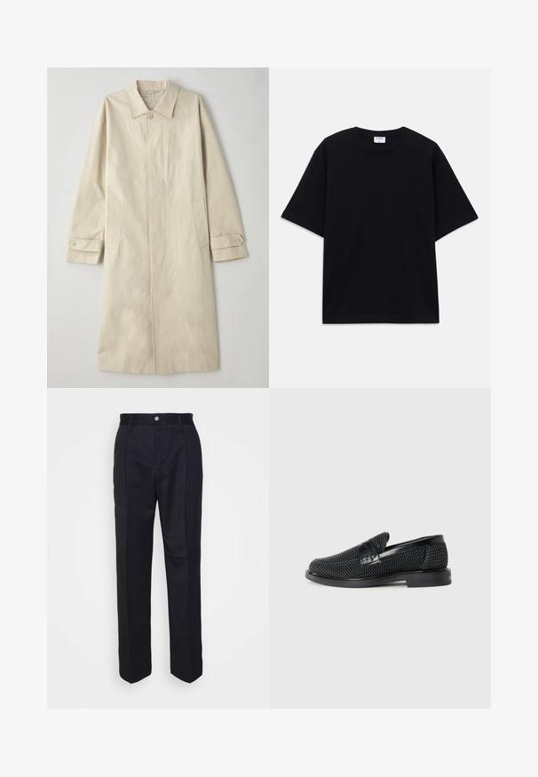 Beige, knielanger Mantel aus einer Baumwollmischung. Verfügt über einen Reverskragen, eine Frontknopfleiste und seitliche Taschen mit Klappen.; Schwarzes, oversized T-Shirt mit kurzen Ärmeln und rundem Ausschnitt, mit sichtbarem Filippa K Markenlabel im Kragen.; Schwarze, maßgeschneiderte Hose mit geradem Bein, aus glattem Stoff, mit einem vorderen Knopfverschluss und zwei seitlichen Taschen.; Schwarzer geflochtener Slipper mit einem glatten Lederakzent im Obermaterial, einem runden Zehendesign und einer flachen Gummisohle.