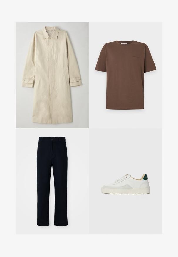 Beige, knelengde frakk laget av bomull-blanding. Har en notert krage, frontlukk med knapper og sidelommer med klaffdetalj.; Brun bomull T-skjorte med rund hals, korte ermer og en liten logo trykt på forsiden. Flat tekstur, avslappet passform.; Navyblå bukser laget av bomull, med rett ben-design, frontlukking med knapp og klassisk midje med beltehanker.; Hvit sneakers med semsket detaljer, rund tå, flate snøringer og en kremfarget gummisåle. Har grønn merking på hælen.