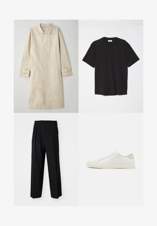 Beige, térd fölé érő kabát kevert pamutanyagból. Jellemzői közé tartozik a kiemelt gallér, az elől gombos záródás és az oldalsó zsebek fedéllel.; Fekete pamut póló kerek nyakkal, rövid ujjakkal és laza szabással. Egyszerű dizájn, sima textúra, látható minták vagy logók nélkül.; Fekete, pliszírozott nadrág, egyenes, széles lábakkal. Sima anyagból készült, gombos záródással és övhurkokkal rendelkezik.; Fehér bőr sneaker sima felülettel, kerek orral és minimalista dizájnnal. Bézs kiemelésekkel a sarokon és gumitalppal rendelkezik.