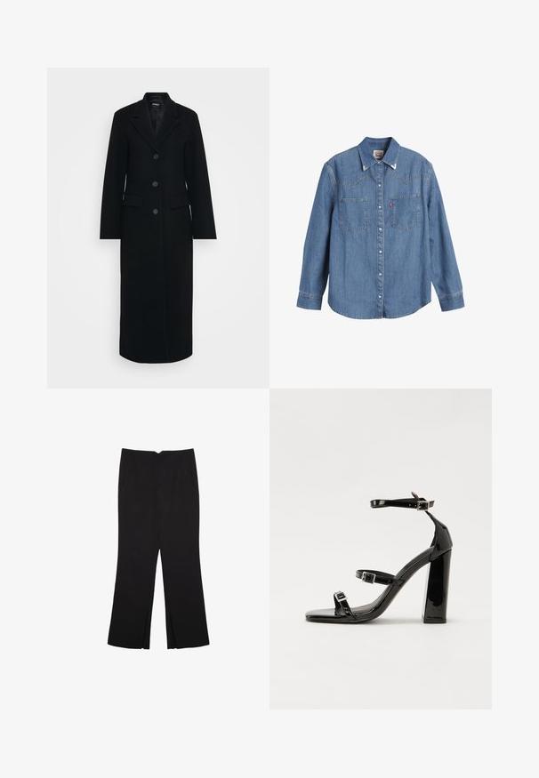 Dugi crni ženski kaput s rever kragnom, tri dugmeta sprijeda i džepovima s preklopom s obje strane.; Svijetloplava traper košulja dugih rukava, s naoštrenim ovratnikom, dva džepa na prsima i kontrastnim šavovima. Sadrži dizajn yoke u zapadnjačkom stilu.; Crne hlače ravnog kroja, s prednjim džepovima i bočnim prorezima na rubu. Izrađene od mekog i glatkog materijala. Pogodne za razne prigode.; Crne lakirane sandale na visoku petu s dva remena s kopčama, kvadratnim vrhom i masivnom blok petom, s glatkom, sjajnom teksturom.
