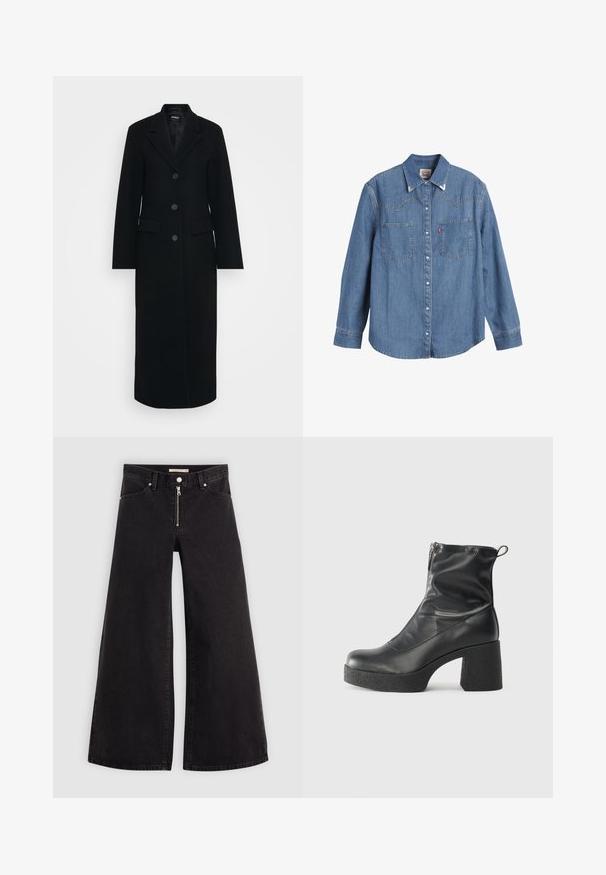 Dugi crni ženski kaput s rever kragnom, tri dugmeta sprijeda i džepovima s preklopom s obje strane.; Svijetloplava traper košulja dugih rukava, s naoštrenim ovratnikom, dva džepa na prsima i kontrastnim šavovima. Sadrži dizajn yoke u zapadnjačkom stilu.; Široke traperice od crnog denima s prednjim zatvaračem, dizajnom s pet džepova i suptilnim detaljima šivanja. Glatka tekstura i ležeran stil.; Crne gležnjače od glatke kože, s bočnim zatvaračem, debelim teksturiranim potplatom i dizajnom s zaobljenim prstima.