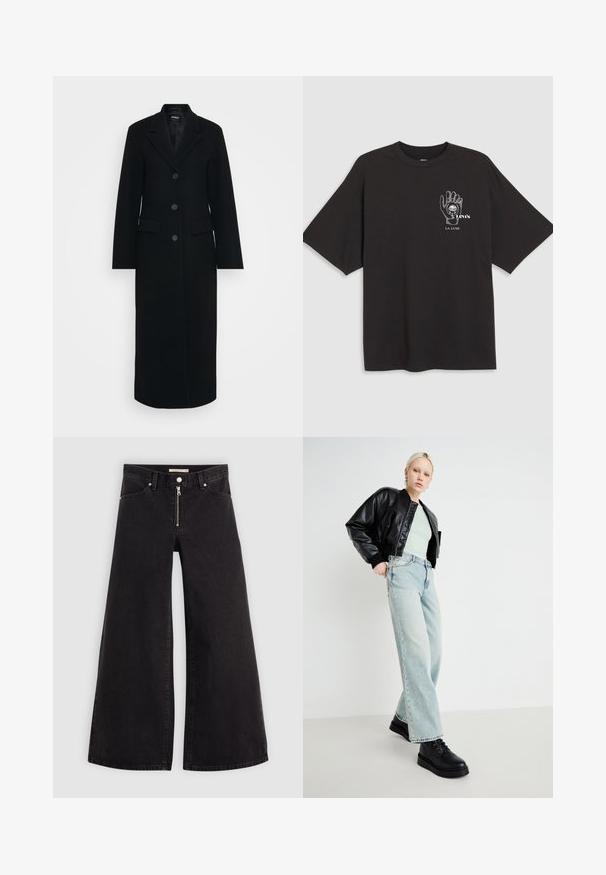 Hosszú fekete női kabát, klipszes gallérral, három gombbal elöl és zsebekkel mindkét oldalon.; Fekete pamut póló rövid ujjal, bal mellkasán kézi grafikával és fehér "Levi's LA LUNE" felirattal.; Fekete denim széles szárú farmer, cipzáros elejével, öt zsebes kialakítással és diszkrét varrással. Sima textúra és laza stílus.; Fekete bőrdzseki, mentazöld ing, világoskék széles szárú farmernadrág és fekete fűzős cipő, minimalista háttér előtt.