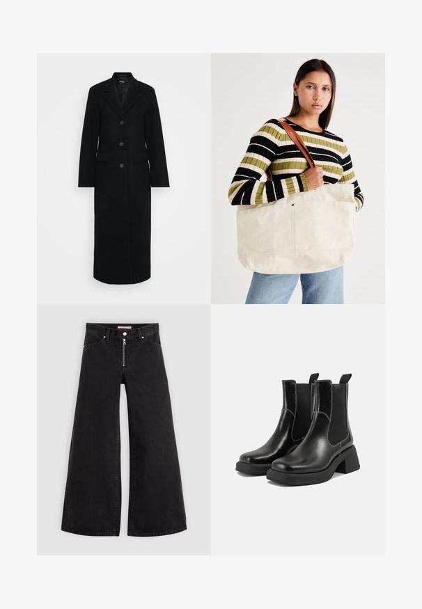 Lungo cappotto nero da donna con colletto a rever, tre bottoni davanti e tasche a soffietto su entrambi i lati.; T-shirt in cotone nero con maniche corte, che presenta una grafica a mano e la scritta "Levi's LA LUNE" in bianco nella zona sinistra del petto.; Jeans a gamba larga in denim nero con chiusura a zip, design a cinque tasche e dettagli di cucitura sottili. Texture morbida e stile casual.; Stivali Chelsea in pelle nera con tacco spesso, pannelli elasticizzati sui lati e cuciture bianche a contrasto. Finitura testurizzata.; Grande borsa in tela beige con manici in pelle marrone, caratterizzata da un design minimal e dettagli di cucitura visibili.