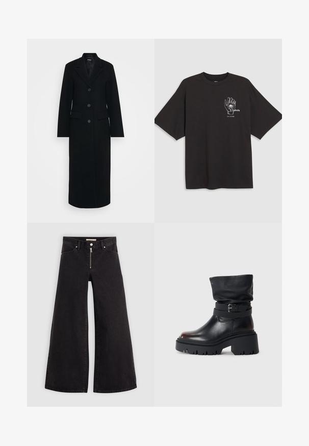 Long black women's coat with lapel collar, three buttons down the front, and flap pockets on both sides.; Black cotton t-shirt with short sleeves, featuring a hand graphic and text "Levi's LA LUNE" in white on the left chest area.; Wide-leg jeans in black denim with a zippered front, five-pocket design, and subtle stitching details. Smooth texture and casual style.; Black leather ankle boot with a slouchy upper, buckle detail, and thick, rugged sole. Features a round toe and smooth texture.