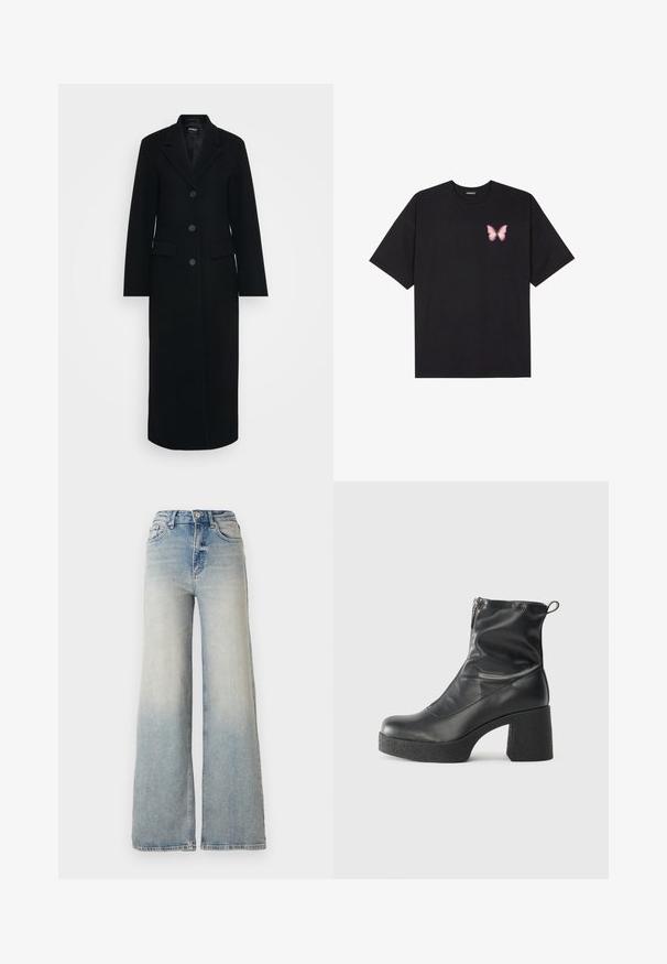 Lang svart frakk til damer med slagkrage, tre knapper foran og klaffelommer på begge sider.; Svart bomulls T-skjorte med korte ermer, med en liten rosa sommerfugl grafikk på venstre bryst. Crew-neck design med en avslappet passform.; Lyseblå vide jeans laget av denim, med høy midje, fem lommer og synlige sømmer langs sømmene.; Svarte ankelstøvler laget av glatt lær, med glidelås på siden, chunky strukturert hæl, og rund tå-design.