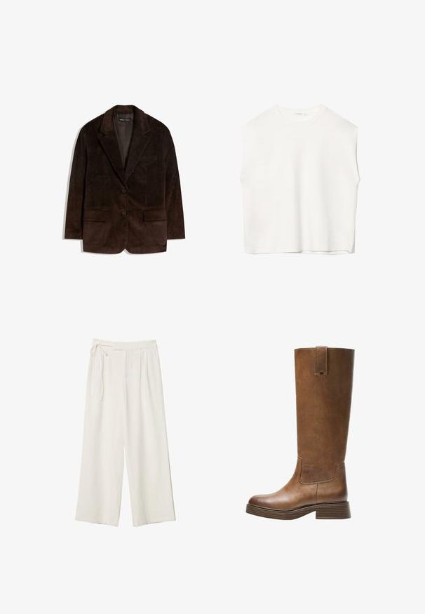 Ruskea corduroy-takki, jossa on viisteellä varustettu kaulus, kaksi etutaskua ja kaksi nappia. Teksturoitu kangas, jossa on pystysuorat urat.; Valkoinen hihaton paita, jossa on rento leikkaus, pyöreä pääntie, sileä pinta ja suora helma. Yksinkertainen muotoilu ilman kuvioita tai metalliosia.; Lepuh lebar dengan kain putih krem yang halus. Memiliki pinggang yang diikat dan bagian depan berlipit, dirancang untuk potongan yang santai.; Kahvipronssinen polvipituinen saapas, jossa on pyöristetty kärki, teksturoitu pinta ja matala pinoheijastin. Varressa on sivupaneeli ja vetotappi ylhäällä.