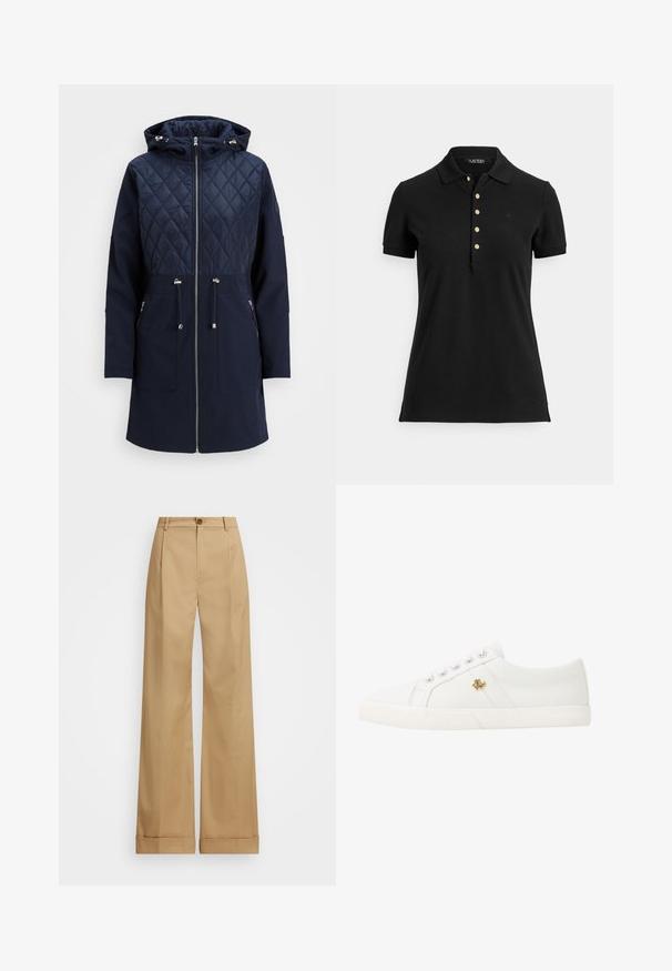 Tumši zilā kviltētā jaka ar rāvējslēdzēja aizdari, kapuci, auklām un divām priekšējām kabatām. Iezīmē gludu apakšējās daļas audumu.; Melna polo krekls no teksturēta auduma ar apkakli, īsām piedurknēm un aizdari ar zelta pogām. Uz krūtīm ir neliels logotips.; Bežīgas platās bikses ar pogu aizdari, kurām ir gluda tekstūra un presētās krokas. Ar aproces apakšmalēm papildu detaļām.; Lauren Ralph Lauren JANSON II CANVAS SNEAKER - Sporta apavi - optic white