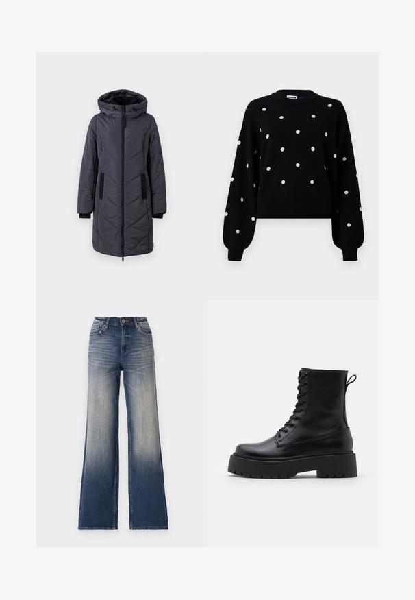 Doudoune de couleur gris foncé, dotée d'une capuche, d'une fermeture éclair à l'avant, de coutures diagonales et de poches noires accentuées. Texture lisse et design isolé.; Pull noir à pois blancs, décolleté rond et manches longues. Fabriqué en matériau doux avec des poignets et un ourlet côtelés.; Jeans taille haute à jambes larges en denim bleu clair à foncé avec décoloration, dotés d'une fermeture à bouton et de passants de ceinture. Ourlet net et sans ornementation visible.; Bottines en cuir noir avec un bout rond, un laçage à l'avant et une épaisse semelle en caoutchouc dotée d'un motif texturé. Tirer au dos.