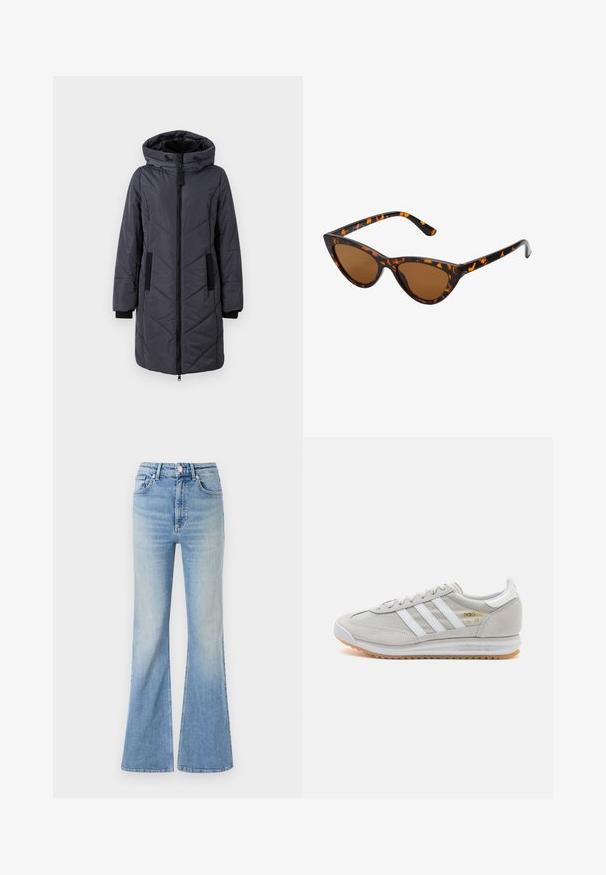 Puffer jacket in dark gray, featuring a hood, zipper front, diagonal seams, and black accent pockets. Smooth texture and insulated design.; ONLY ONLMELITA O NECK - Jumper - winter moss; Light blue flared jeans made of denim, featuring a high waist, five-pocket design, and subtle gradient fading towards the hem.; Light grey sneaker made of suede and mesh, featuring three white stripes, round toe, and a gum rubber sole. Gold logo accent near laces.; Cat-eye sunglasses with a black and orange tortoiseshell frame, brown lenses, and sleek, pointed tips. Features a minimal logo on the temple.