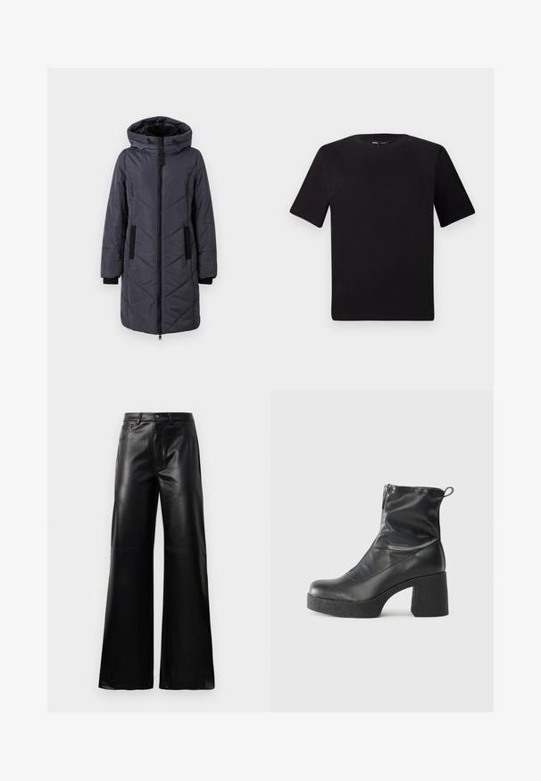 Doudoune de couleur gris foncé, dotée d'une capuche, d'une fermeture éclair à l'avant, de coutures diagonales et de poches noires accentuées. Texture lisse et design isolé.; T-shirt noir à manches courtes avec un col rond, fabriqué en coton doux. Design simple, sans logos ni motifs visibles.; Pantalons larges en faux cuir noire taille haute avec bouton avant, fermeture éclair, passants de ceinture et poches latérales sur fond blanc.; Bottes noires à la cheville en cuir lisse, dotées d'une fermeture éclair sur le côté, d'un talon épais texturé et d'une conception à bout rond.