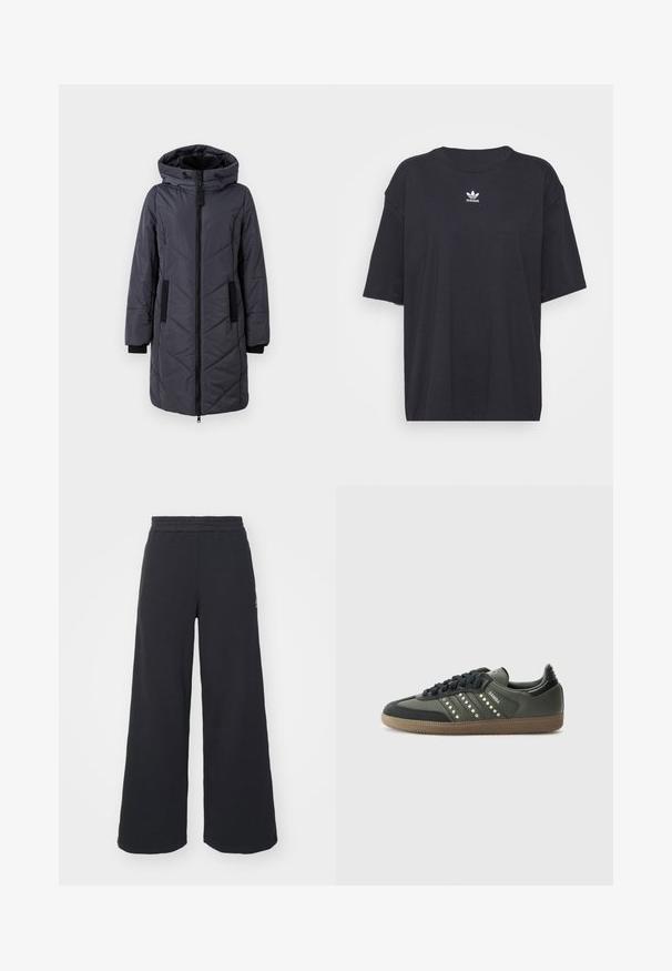 Puffer jacket in dark gray, featuring a hood, zipper front, diagonal seams, and black accent pockets. Smooth texture and insulated design.; Black cotton t-shirt with short sleeves, round neckline, features a white Adidas logo on the chest. Simple design, relaxed fit.; Black wide-leg sweatpants made from soft fabric, featuring an elastic waistband and a small logo on the left side.; adidas Originals SAMBA OG - Trainers - core black/legend earth/gum