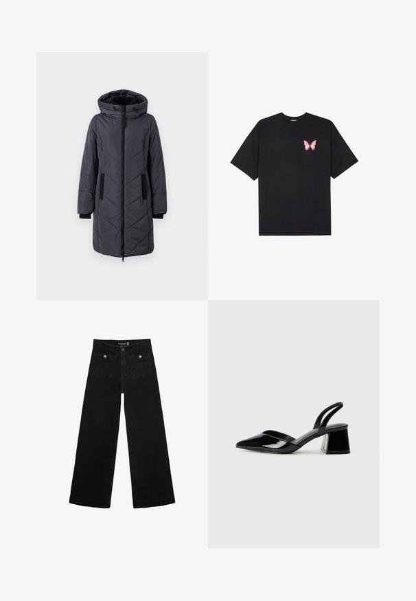 Puffer jacket in dark gray, featuring a hood, zipper front, diagonal seams, and black accent pockets. Smooth texture and insulated design.; Black cotton t-shirt with short sleeves, featuring a small pink butterfly graphic on the left chest. Crew neck design with a relaxed fit.; Black wide-leg jeans with a high waist, featuring two front pockets and metal button accents. The fabric has a smooth texture.; Black patent leather slingback heels with a pointed toe and a geometric block heel. Features a sleek, minimal design and smooth texture.