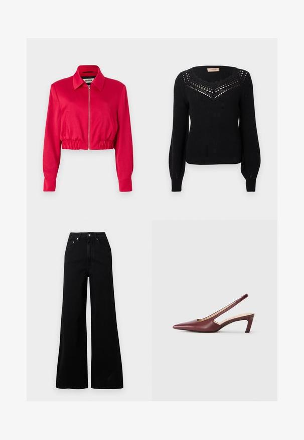 Cropped jacket in bright pink fabric, featuring a collar, front zipper, elastic waistband, and long sleeves with cuffs.; Black sweater with a ribbed texture, scalloped neckline, and openwork detail at the chest. Long sleeves and fitted waist.; Black wide-leg jeans made from denim, featuring a high waist, five pockets, front button closure, and minimal stitching details.; Burgundy slingback heels with a pointed toe, cutout details on the side, and a mid-height block heel. Smooth leather finish.