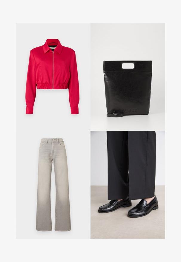 Gekürzte Jacke aus leuchtendem pinkfarbenem Stoff, mit Kragen, Frontreißverschluss, elastischem Bund und langen Ärmeln mit Bündchen.; Weißes Langarmhemd mit Kragen aus Baumwolle. Verfügt über eine durchgehende Knopfleiste und eine Brusttasche. Glatte Textur, lockere Passform.; Graue weit geschnittene Jeans mit einem verblassten Finish, Knopfverschluss, fünf Taschen und gestickten Details entlang der Nähte.; Schwarze Lederloafers mit glatter Oberfläche, genähten Details um die Zehen und einer niedrigen Gummisohle. Kombiniert mit weiten schwarzen Hosen.; Schwarze Leder-Tote-Tasche mit einem quadratischen Griff, ausgestattet mit einer strukturierten Oberfläche und geprägtem Logo. Inklusive abnehmbarem Tragegurt.