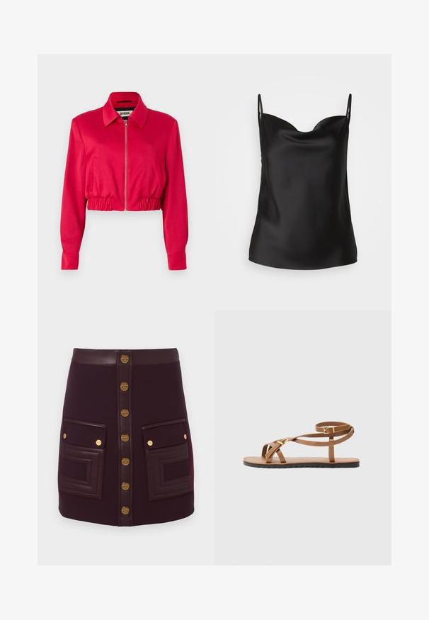 Korte jas van helderroze stof, met een kraag, een rits aan de voorkant, een elastische tailleband en lange mouwen met manchetten.; Zwarte satijnen camisole met een diepe V-halslijn, dunne bandjes en een gladde, glanzende textuur. Eenvoudig, klassiek ontwerp zonder versieringen.; Donkerpaarse mini rok met gouden knopen aan de voorkant, leren tailleband en twee grote voorzakken met leren afwerking en gouden knoopdetails.; Bruine leren sandaal met een dun strapdesign, voorzien van een goudkleurige gesp en een platte zwarte zool met zigzagrand.
