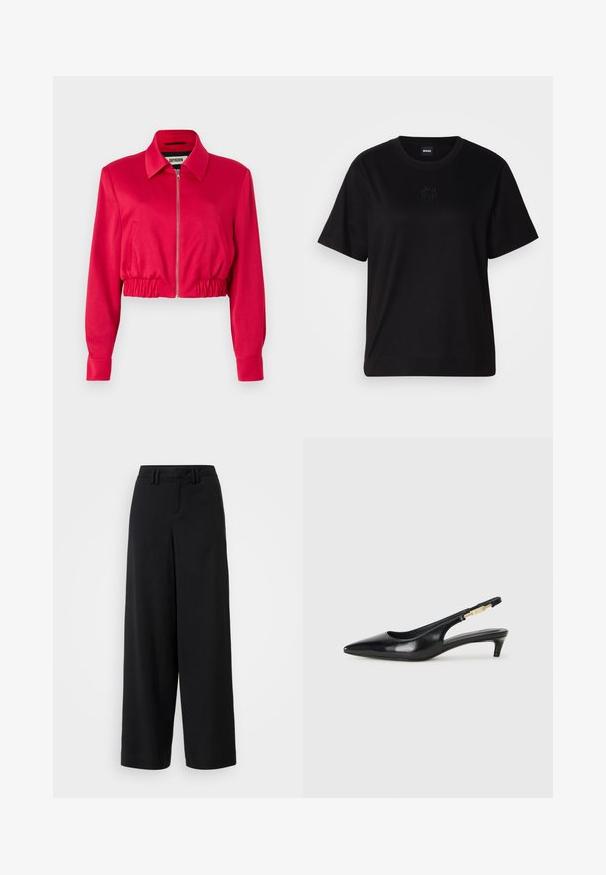 Giacca corta in tessuto rosa brillante, con colletto, zip frontale, vita elastica e maniche lunghe con polsini.; Maglietta in cotone nera con scollatura tonda, maniche corte e logo ricamato sul petto. Design semplice e vestibilità rilassata senza motivi.; Pantaloni neri a gamba larga realizzati in tessuto morbido, con un design a vita piatta, dettagli plissettati e passanti per cintura in vita.; Tacchi slingback in pelle nera con punta affusolata, caratterizzati da un tacco alto e un accento dorato sulla cinghia regolabile. Texture liscia.