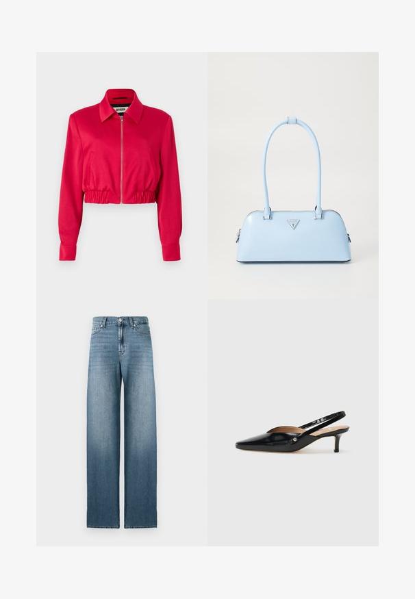 Zarezan jakna iz svetlo roza tkanine, ki ima ovratnik, sprednji zadrgo, elastičen pas in dolge rokave s manšeti.; Črna bombažna majica s krožnim izrezom, kratkimi rokavi in izvezenim logotipom na prsih. Preprosta, sproščena silhueta brez vzorcev.; Svetlo modri široki traper hlače iz denima, z visokim pasom, petimi žepi in subtilnim bledenjem vzdolž nog.; Črne patentne usnjene slingback salonarje s koničastim nosom, majhnim členkom in izrezljanim dizajnom na vrhu. Akcenti iz zlatega tona na strani.; Svijetloplavi ručni torbica s strukturiranim oblikom, glatkim kožnim materijalom, dvije ručke i trokutastim logotipom brenda na prednjoj strani. S zatvaračem.