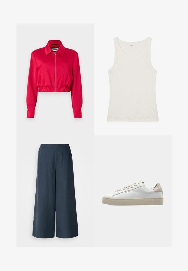 Krátka bunda v jasne ružovej látke, vybavená golierom, predným zipsom, elastickým pásom a dlhými rukávmi s manžetami.; Biely bavlnený tielko s širokým výstrihom a tenkými ramienkami. Hladká textúra bez viditeľných vzorov alebo ozdôb.; Široké nohavice v námorníckej modrej farbe, vyrobené z ľahkej tkaniny. Majú mierne textúrovaný povrch, elastický pás a predné švy.; Biele kožené tenisky s hladkým povrchom, béžové sametové akcenty, okrúly špička, plochý dizajn na šnurovanie a štruktúrovaná gumová podrážka.