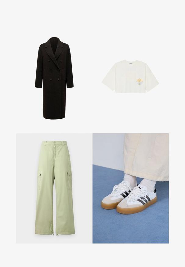 Forever New CLARE DOUBLE BREASTED - Palton clasic - coffee; Tricou alb scurt din bumbac, cu mâneci scurte, având un grafic cu palmier galben și val albastru pe partea stângă a pieptului.; Pantaloni cargo verde deschis cu picioare largi, din bumbac. Au două buzunare laterale și închidere cu buton. Textură netedă și design casual.; Adidași albi cu dungi negre și accente din suede bej. Au talpă din cauciuc texturat și șireturi albe plate, purtați cu șosete de culori deschise.