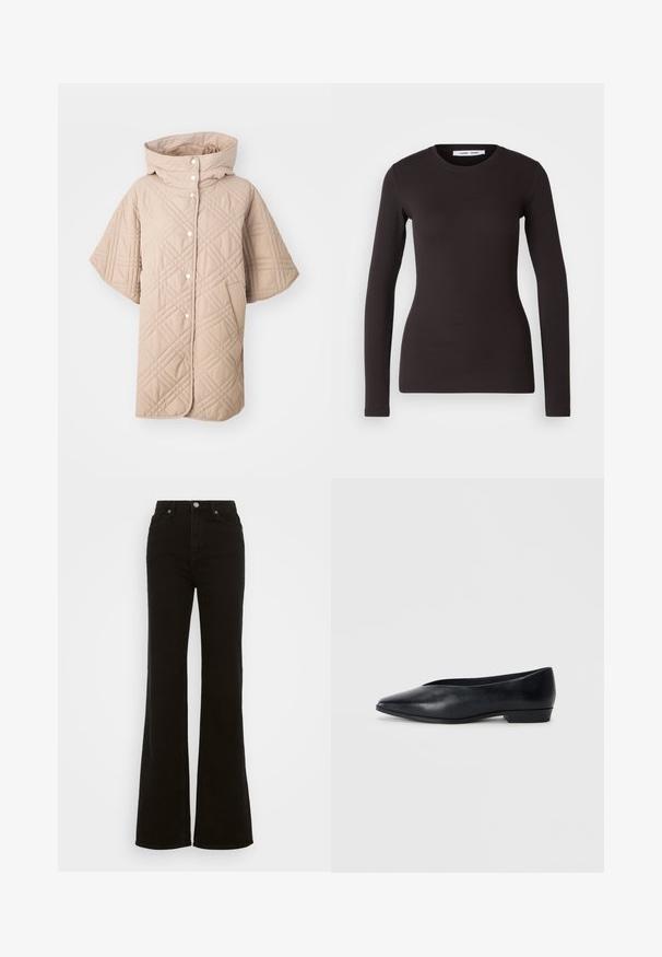 Béžový prošívaný kabát s vysokým límcem, krátkými rukávy a knoflíkovým zapínáním. Má šikmé prošívací vzory a boční kapsy.; Černý top s dlouhými rukávy vyrobený z měkké, elastické látky. Má kulatý výstřih a úzký střih s hladkým povrchem a bez viditelných vzorů.; Černé riflové džíny se zvýšeným pasem a rozšířenými nohavicemi, vyrobené z denimu, s knoflíkovým zapínáním, bočními kapsami a hladkým povrchem.; Černá kožená plochá obuv s špičatou špičkou, mírně zvýšeným podpatkem a hladkým povrchem. Jednoduchý design bez viditelného kovového kování nebo vzorů.