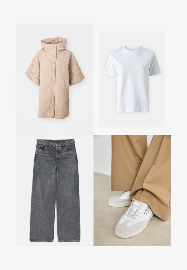 Manteau matelassé beige avec un col haut, des manches courtes et des boutons. Il présente des motifs de couture diagonaux et des poches latérales.; T-shirt en coton blanc avec un col rond, manches courtes, coupe droite et texture lisse. Sans motifs ni embellissements.; Jeans large en denim gris foncé. Comprend une taille haute, un design à cinq poches et une fermeture à bouton à l'avant. Texture lisse avec un léger dégradé.; Baskets blanches avec des accents en daim, des lacets texturés et une semelle en caoutchouc. Associées à un pantalon beige ample. Logo affiché sur le côté.