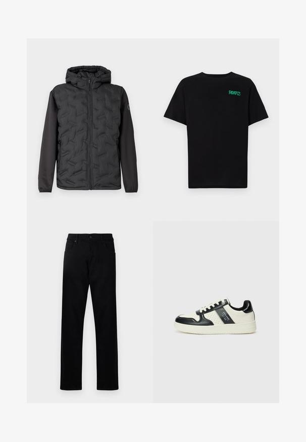 Black puffer jacket with a hood, featuring a quilted texture on the front and smooth black fabric sleeves. Zipper closure and side pockets.; Black t-shirt made of cotton with short sleeves. Features a green "ROOTS" logo on the front, round neckline, and standard fit.; Black denim jeans with a straight-leg design. Features include two front pockets, a button closure, and a clean, smooth texture.; Leather sneakers with a black and cream color scheme, featuring perforated accents, a padded collar, and a textured outsole.