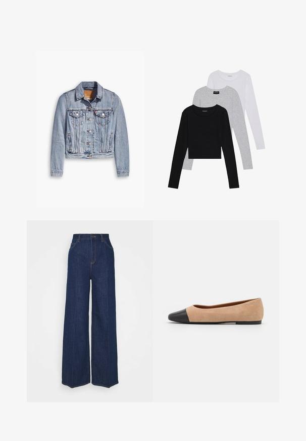Light blue denim jacket with long sleeves, point collar, two chest pockets, and button front. Features a cropped design and faded texture.; Three long-sleeve tops stacked: black, grey, and white. Each has a round neckline and a cropped design with smooth, lightweight fabric.; High-waist wide-leg dark blue denim jeans with front and back pockets, button closure, and visible stitching details.; Beige suede ballet flat with a black leather rounded toe cap, low heel, and smooth texture, featuring minimal stitching and a clean design.