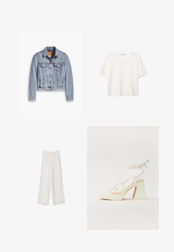 Svetlomodrá denim bunda s dlhými rukávmi, špicatým golierom, dvoma náprsnými vreckami a gombíkovým zapínaním. Má skrátený strih a vyblednutú textúru.; Biela krátkopsová tričko vyrobené z bavlny. Má okrúhly výstrih a voľný strih. Hladká textúra bez viditeľných vzorov alebo akcentov.; Biele široké nohavice vyrobené z ľahkej tkaniny. Obsahujú elastický pás so sťahovacou šnúrkou a bočné vrecká. Hladká textúra.; Biele sandále na vysokom opätku s hrubým podpätkom, s pruhovaným dizajnom a viazaním na členku. Hladký povrch s platformou vpredu pre zvýšenú výšku.