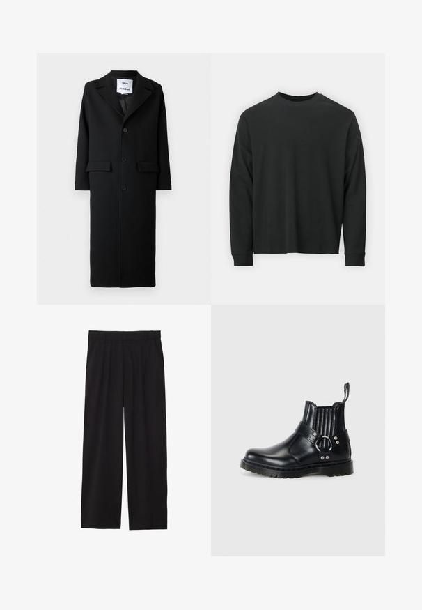 Casaco longo preto de lã com colarinho notched, fecho de botão de um só botão, duas bolsos frontais e uma silhueta elegante.; Camisola de manga longa preta, feita de algodão, com decote redondo, corte largo e punhos canelados. Textura suave sem padrões visíveis.; Calças largas pretas com pregas na frente, bolsos laterais e uma textura de tecido suave. Projetadas para um ajuste confortável.; Botas de tornozelo em couro preto com laterais elásticas ribeteadas, um detalhe em fivela de metal e sola texturizada para maior aderência.